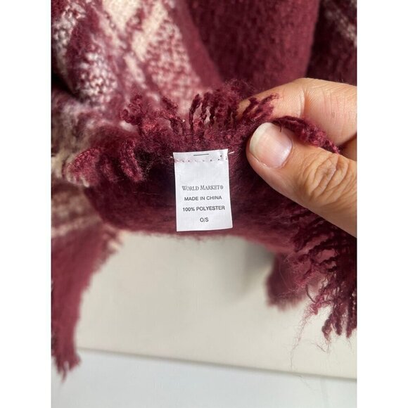 New! World Market Knit Turtleneck Poncho Red Cream Fringed One Size Cozy Soft - Picture 7 of 7